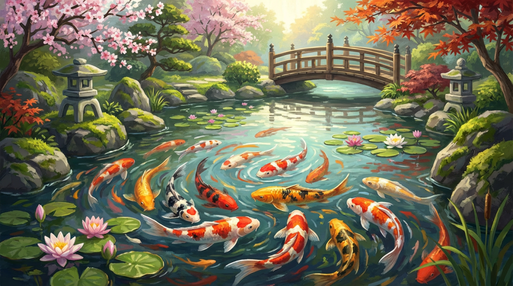Vibrant koi fish swimming in a serene pond within a traditional Japanese garden.
