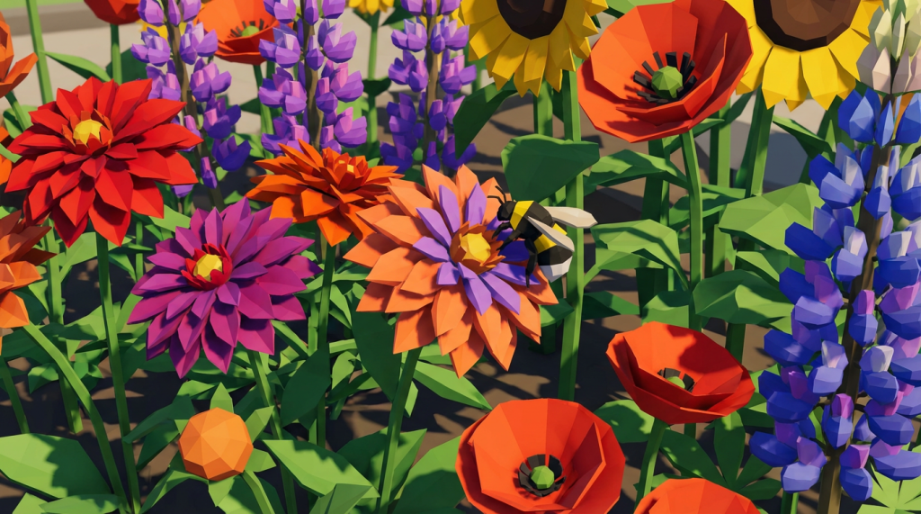 Low-poly 3D illustration of a bumblebee pollinating flowers in a colorful geometric garden.