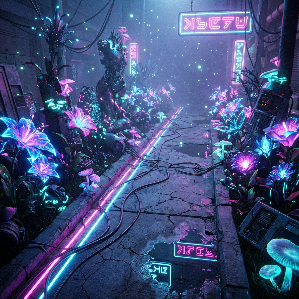 A futuristic alleyway with neon signs and bioluminescent flowers growing among mechanical debris.