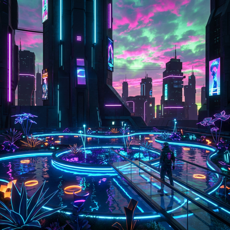 A person stands on a glass bridge over neon-lit pools in a futuristic city.