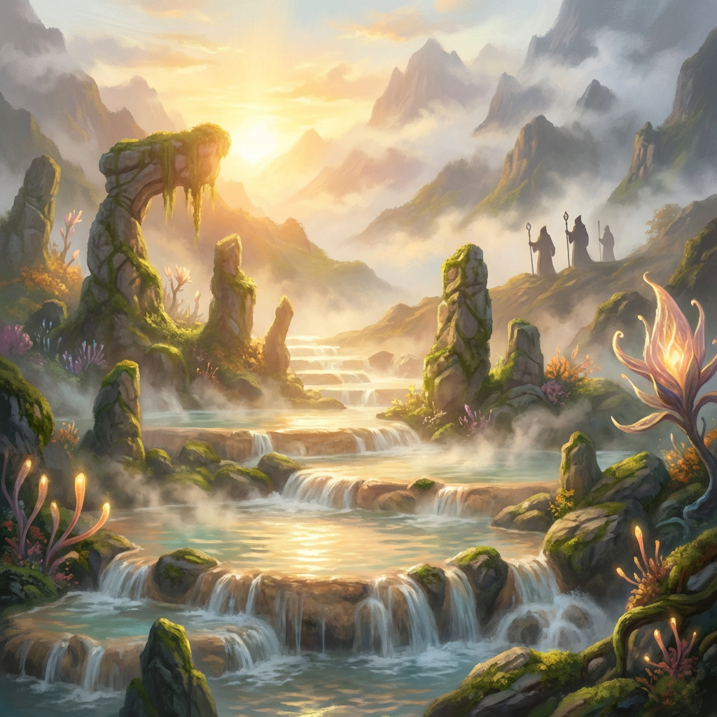 Fantasy landscape featuring terraced waterfalls, misty mountains, and cloaked figures under a golden sunrise.