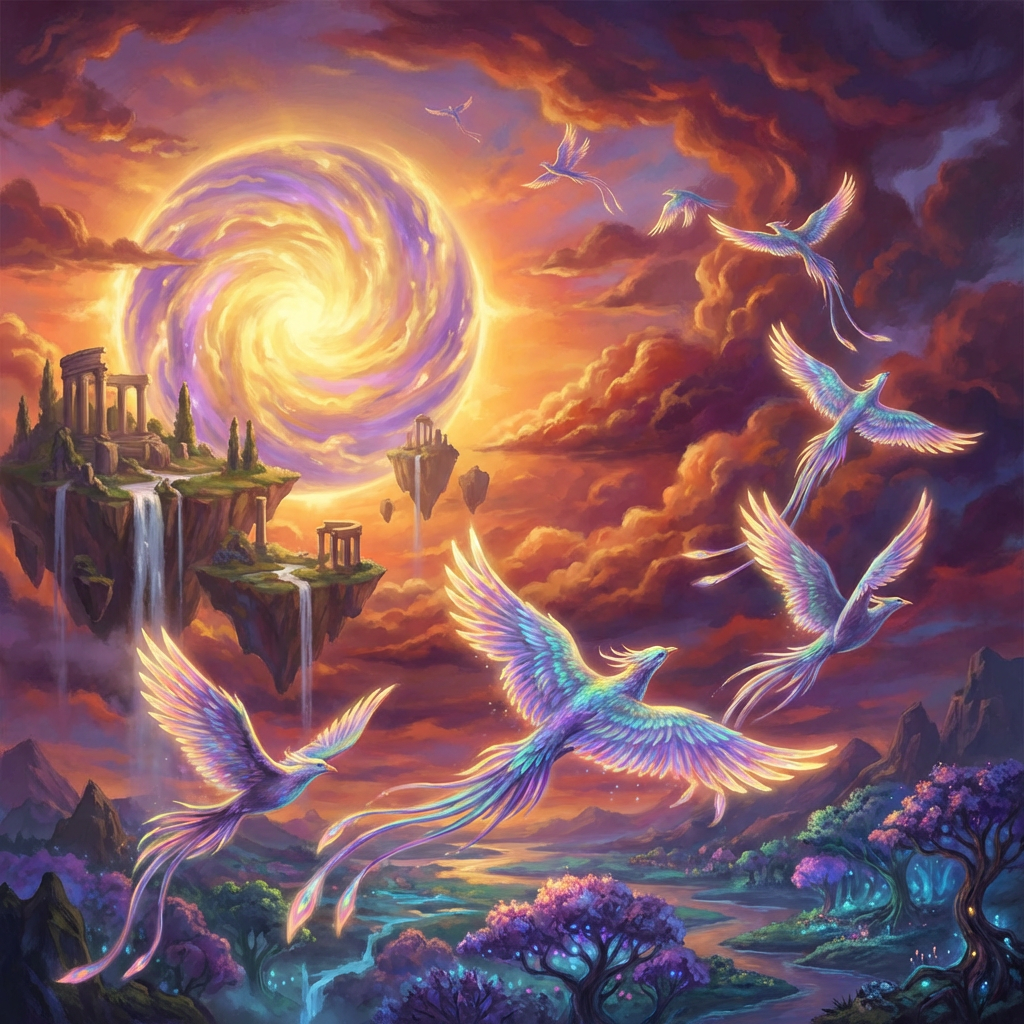 Mythical birds with glowing plumage flying over floating islands and a swirling cosmic sun.