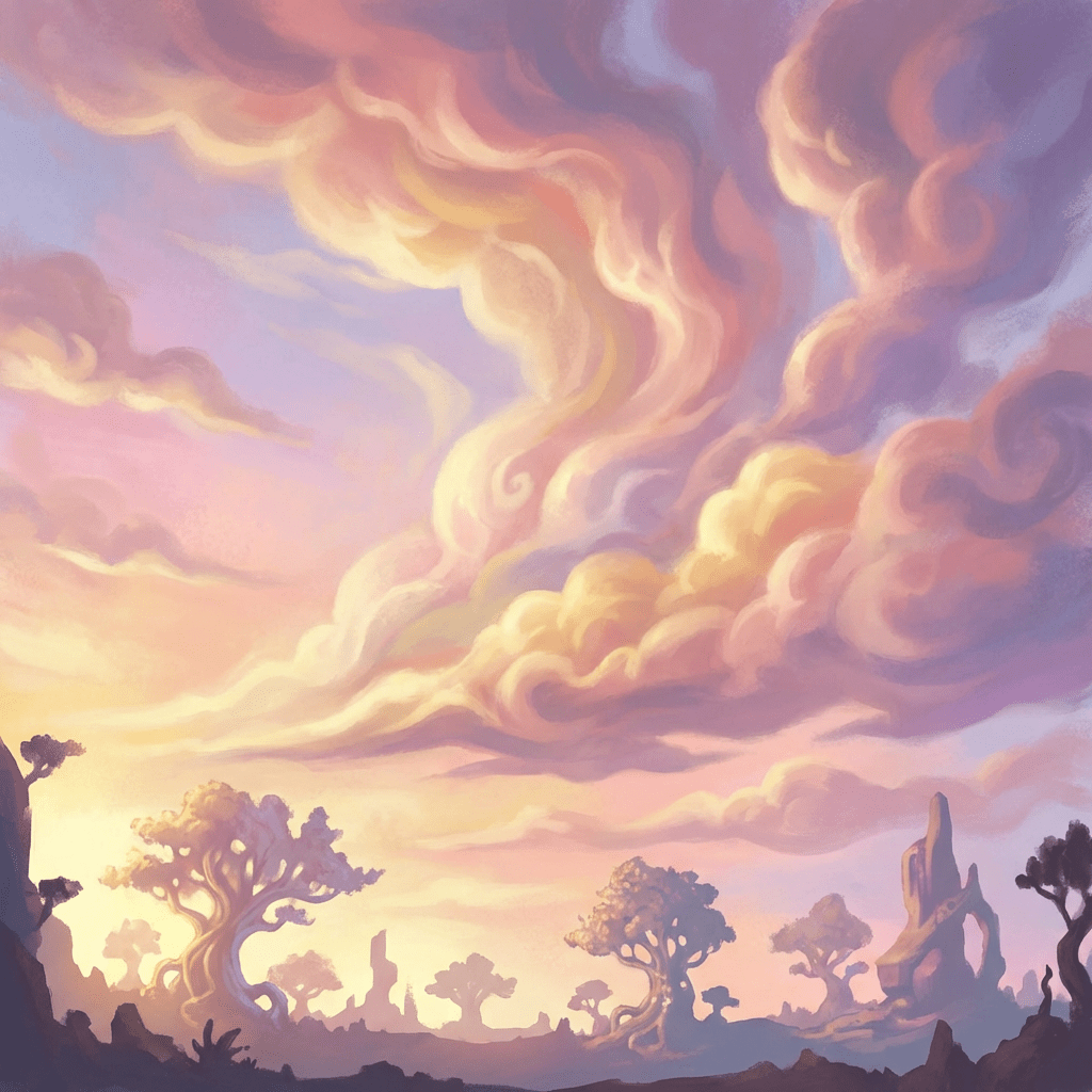Fantasy landscape with giant swirling pastel clouds above twisted trees and unique rock formations.