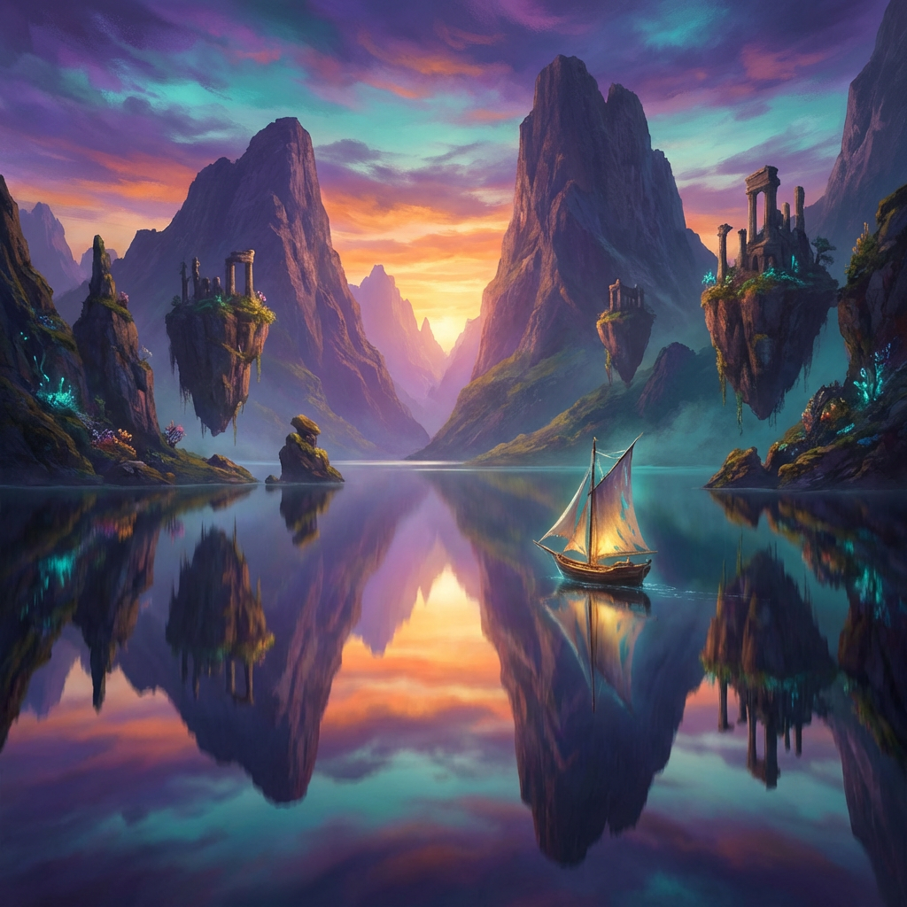 Sailboat on a calm lake with floating islands and mountains during a colorful sunset.