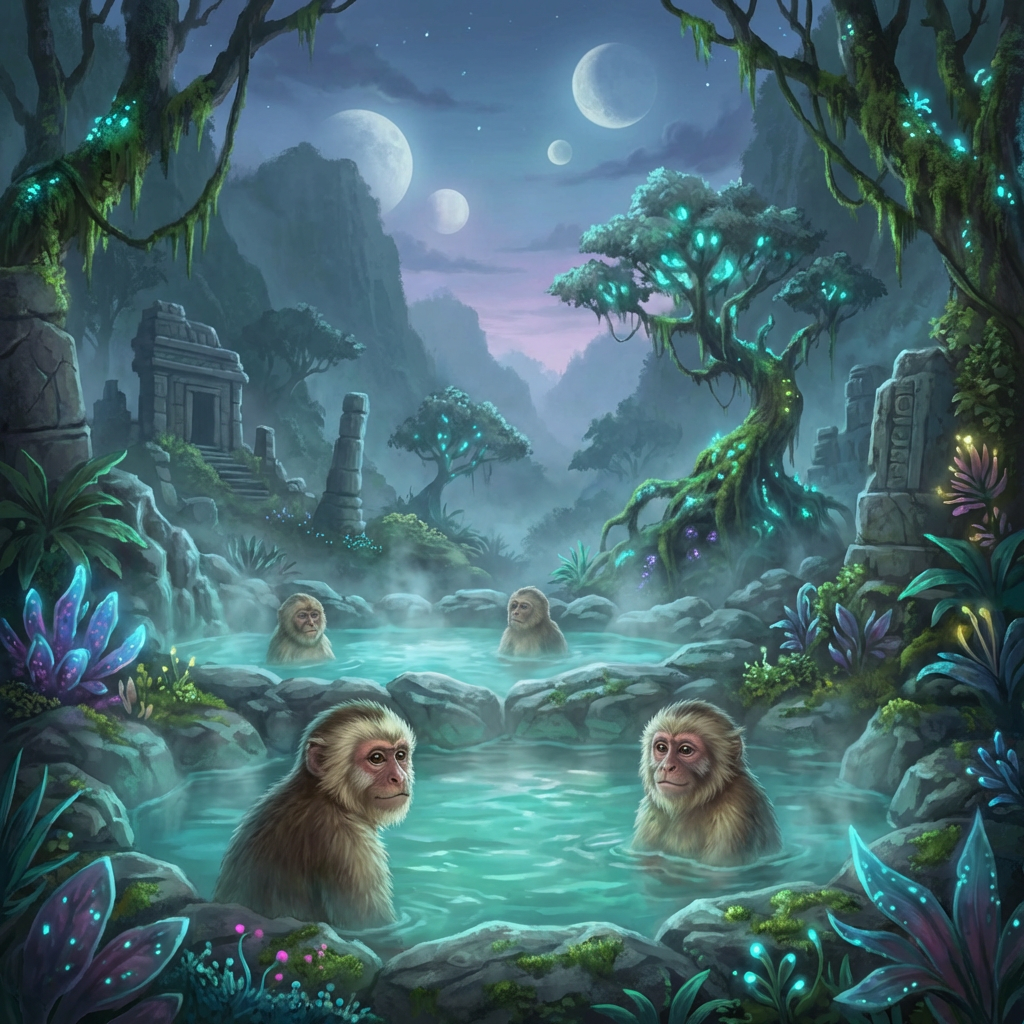 Macaques in steaming thermal pools surrounded by bioluminescent plants and ruins under multiple moons.