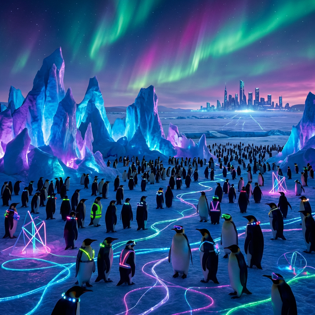 Penguins wearing glowing neon accessories stand on ice under an aurora near a futuristic city.