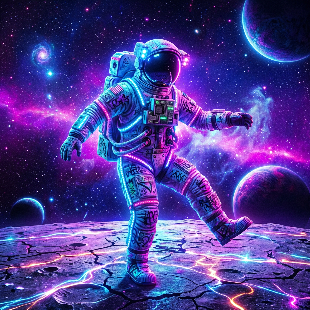 Astronaut in a graffiti-covered suit walking on a glowing purple lunar surface in deep space.
