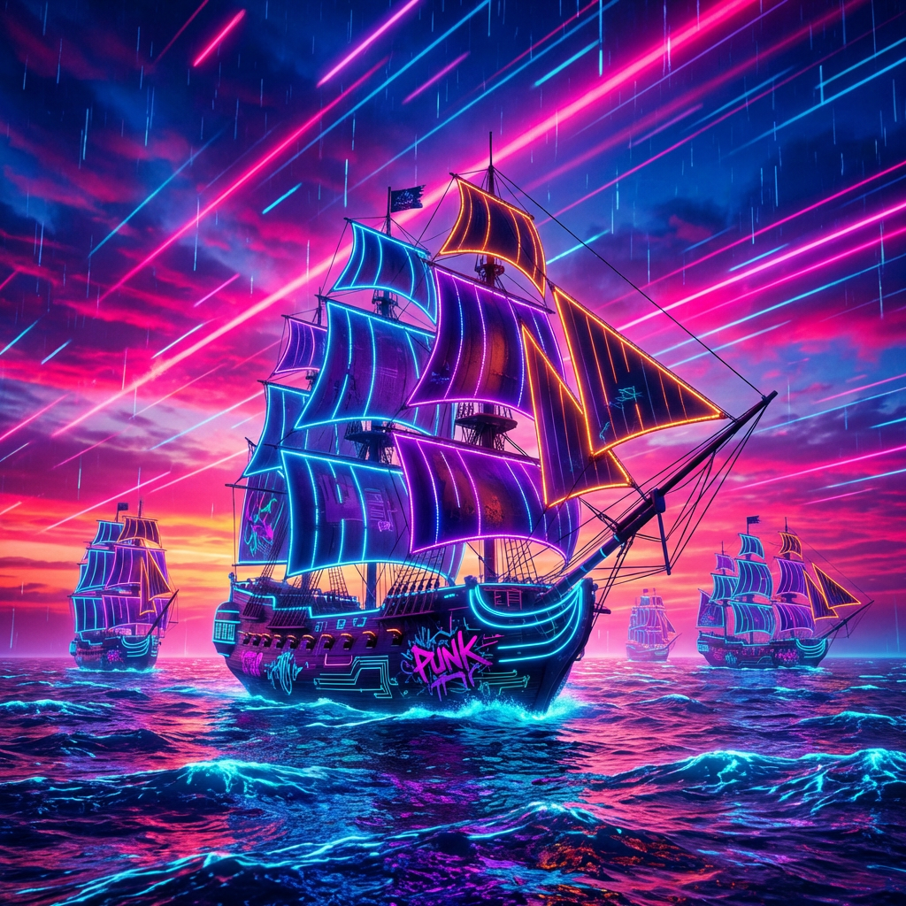 Neon-lit galleons with PUNK graffiti sailing across glowing waves under a vibrant, streaky sky.