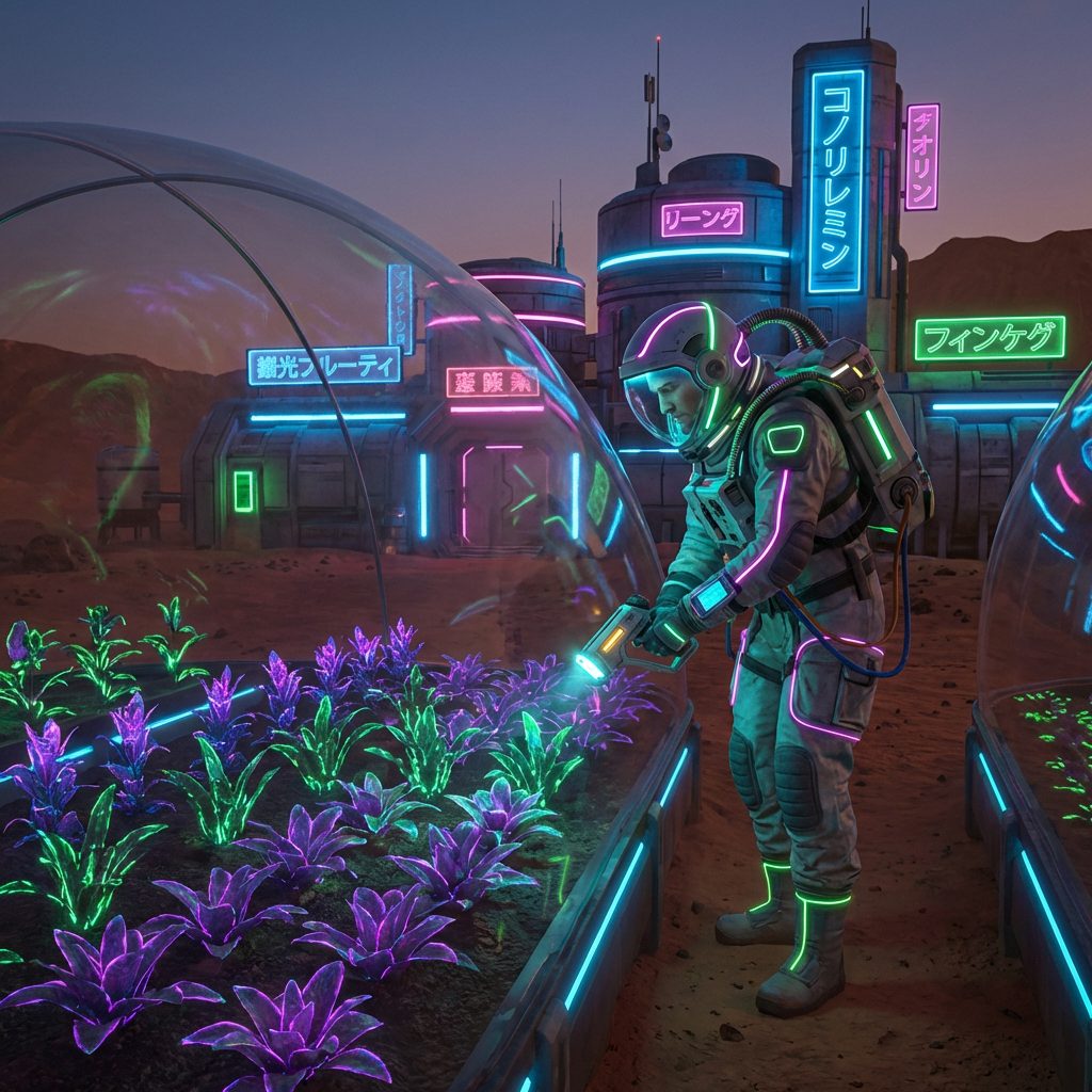 An astronaut in a neon-lit suit tends to bioluminescent plants on a futuristic desert planet.