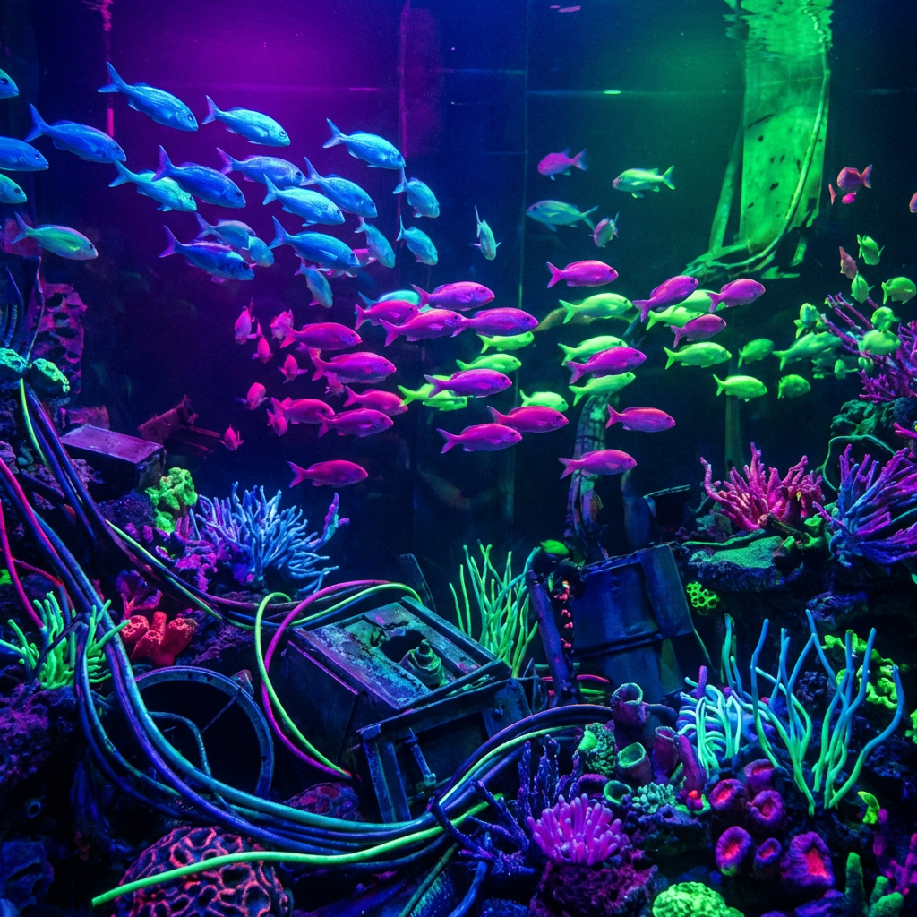 Colorful schools of fish swimming over glowing neon coral and metallic underwater ruins.