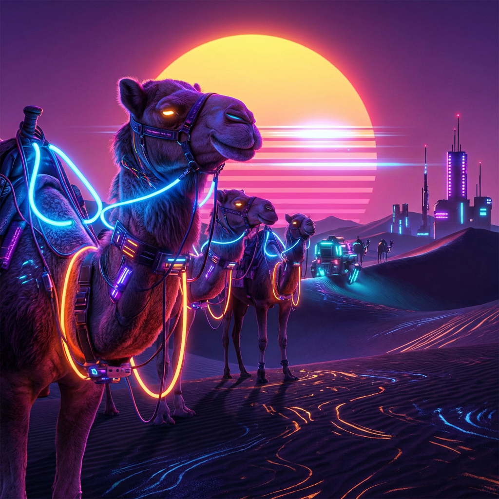 Camels with glowing neon harnesses in a desert under a large sunset sun.