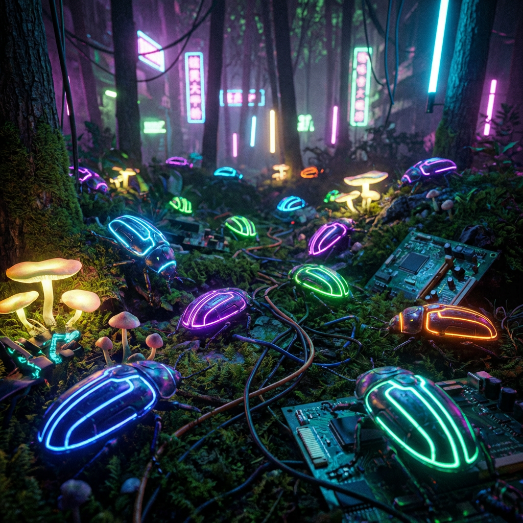 Robotic beetles with neon shells crawl on a mossy forest floor with circuit boards.