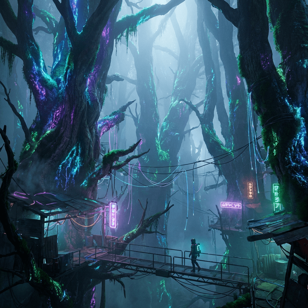 Bioluminescent forest with neon signs and a figure on a metal walkway.