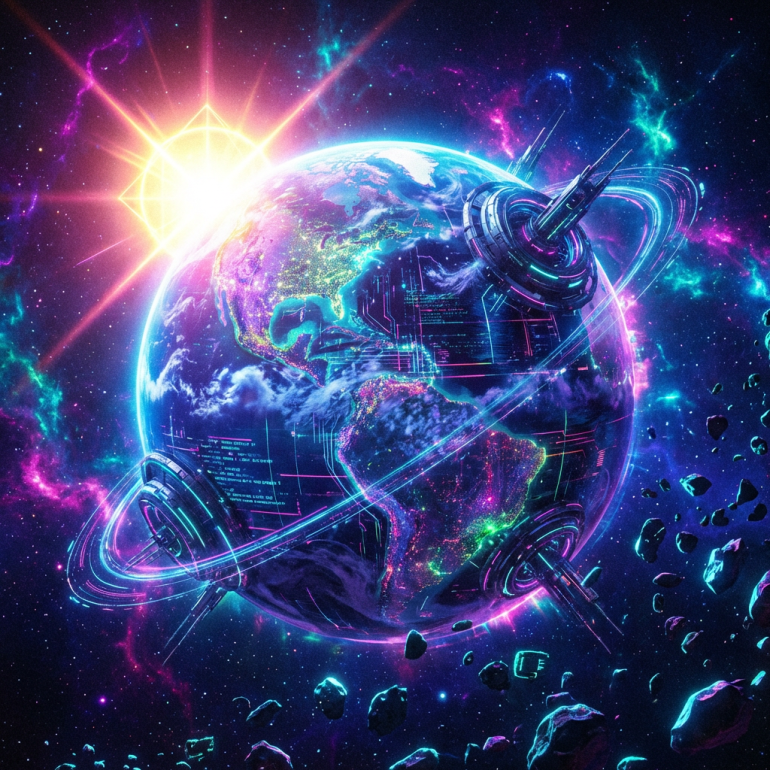 Futuristic Earth with neon circuitry and orbiting space stations amidst vibrant nebulas and asteroids.