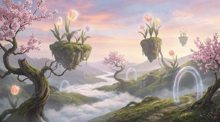 Surreal April flowers dreamlike landscape