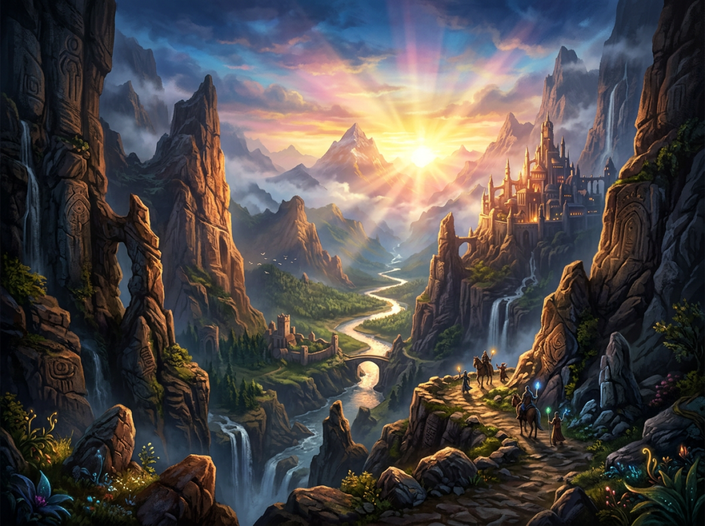 Adventurers on a rocky mountain path approaching a glowing castle with a river and waterfalls at sunrise