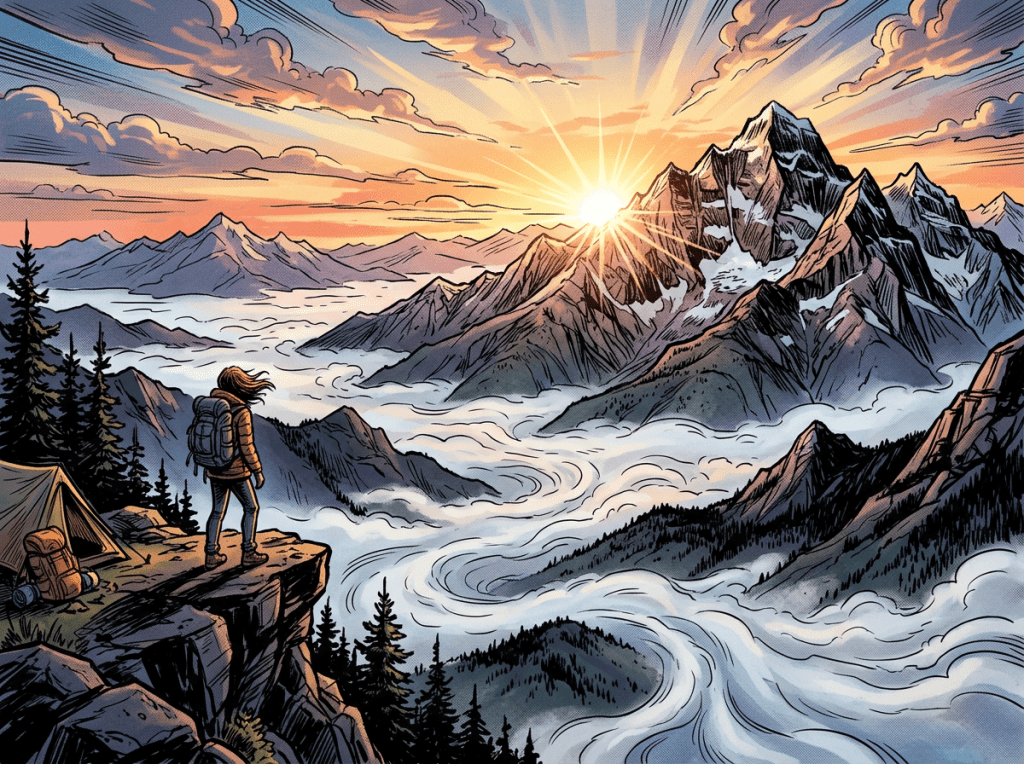 Hiker standing near tent on cliff watching sunrise over mist-covered mountains