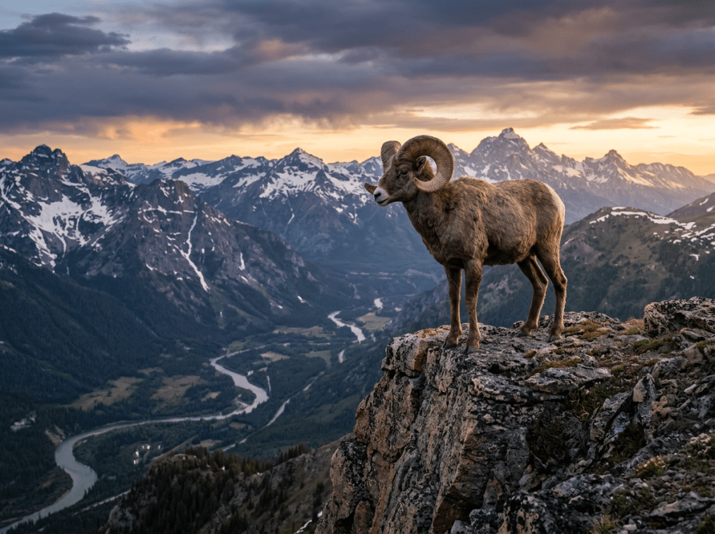 Bighorn sheep standing on rocky cliff with snow-capped mountains and winding river in background at sunset