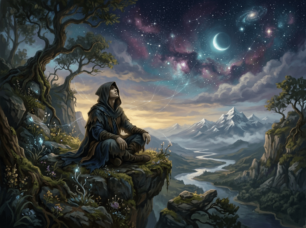Hooded person sitting on cliff meditating under star-filled sky with constellations and crescent moon