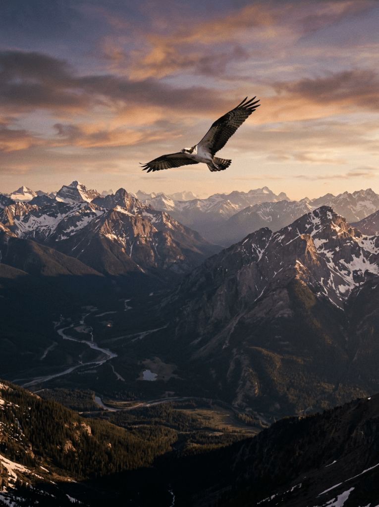 Osprey flying above snow-covered mountain peaks with a river flowing below at sunset