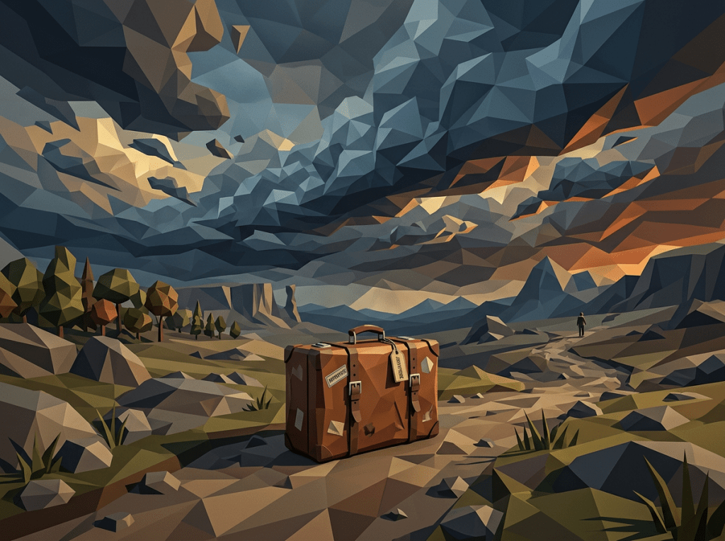 Vintage suitcase on rocky path with lone person walking under polygonal cloudy sky