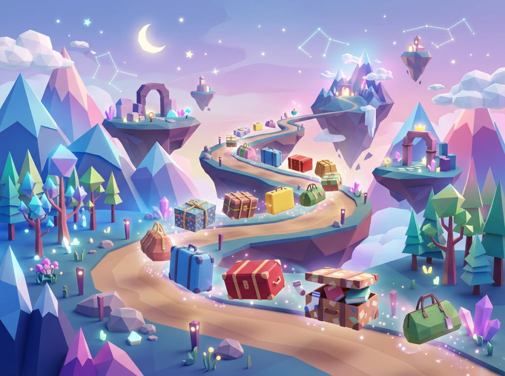 Winding path with suitcases and bags through floating islands and mountains under a moonlit, starry sky