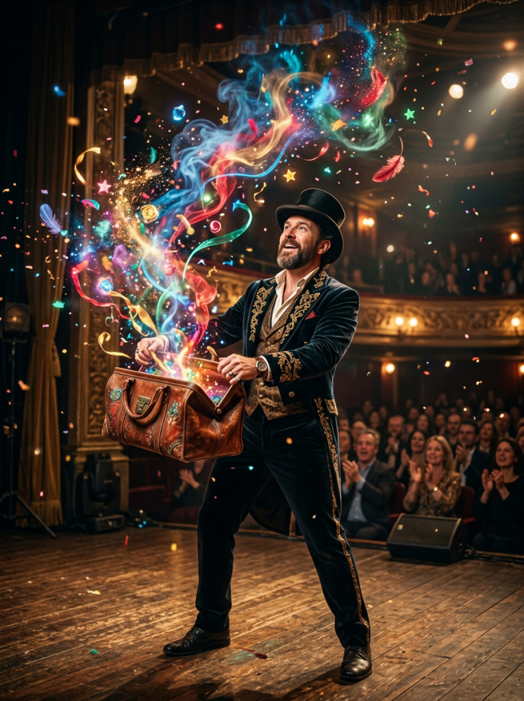 Magician performing on stage with colorful magical effects emerging from a leather bag