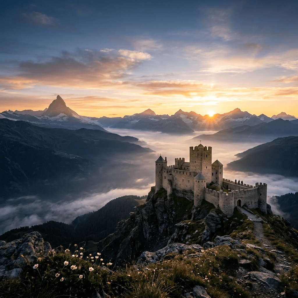 Hiker standing on rocky mountain ridge overlooking mist-filled valley with alpine peaks and sunrise