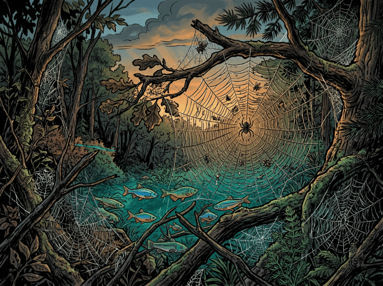 Dark hooded figure with glowing eyes in misty forest surrounded by large spider webs