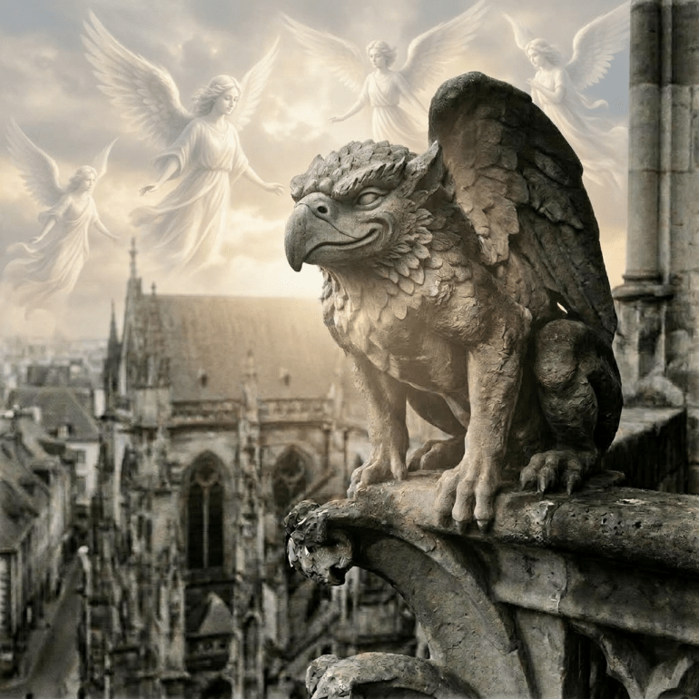 Stone gargoyle statue perched on Gothic cathedral with city in background