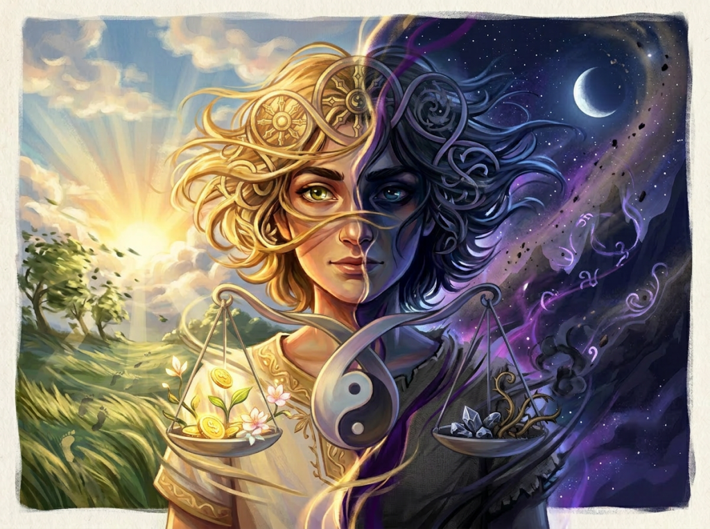 A young person with one half illuminated by sunlight and warm colors, the other half by moonlight and cool colors