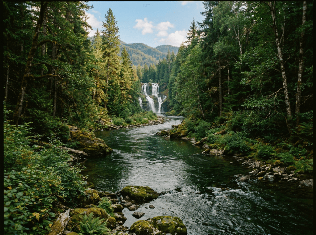River flowing between dense evergreen trees in a mountain forest