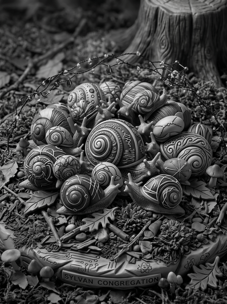 Cluster of snails with detailed patterned shells on a natural base labeled SYLVAN CONGREGATION