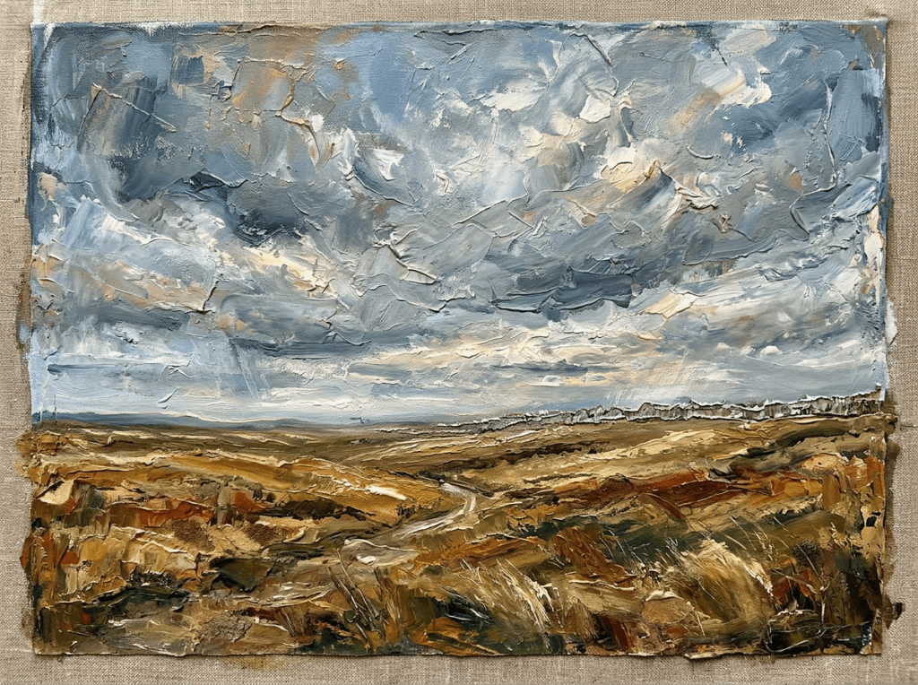 Impasto oil painting of a moody landscape with cloudy sky and earthy, textured fields