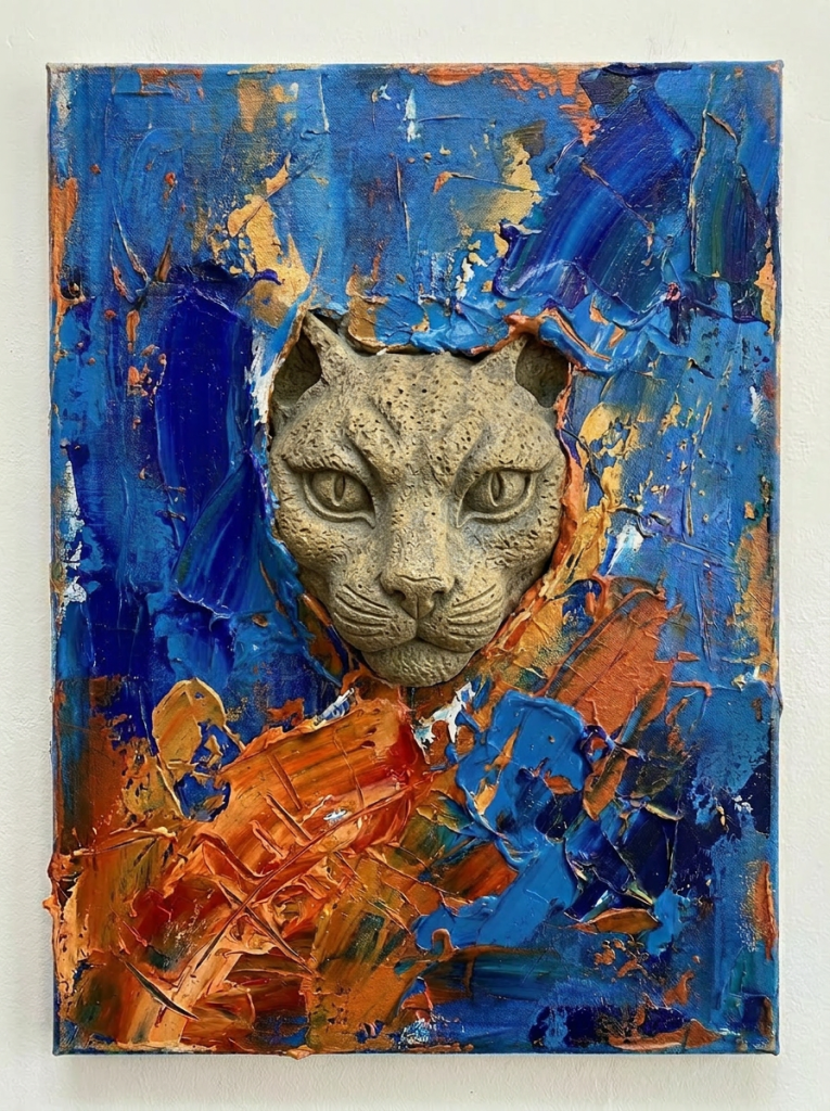Abstract painting with textured vibrant blue and orange brushstrokes
