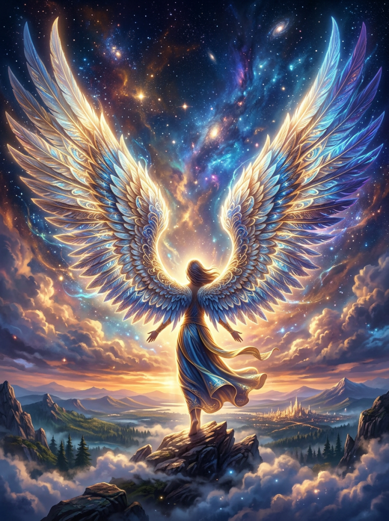 Angel with large glowing wings standing on rocky peak overlooking valley and distant city at sunset