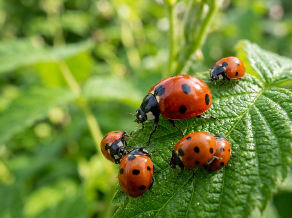 Red ladybug with black spots on green leaf with blurred background