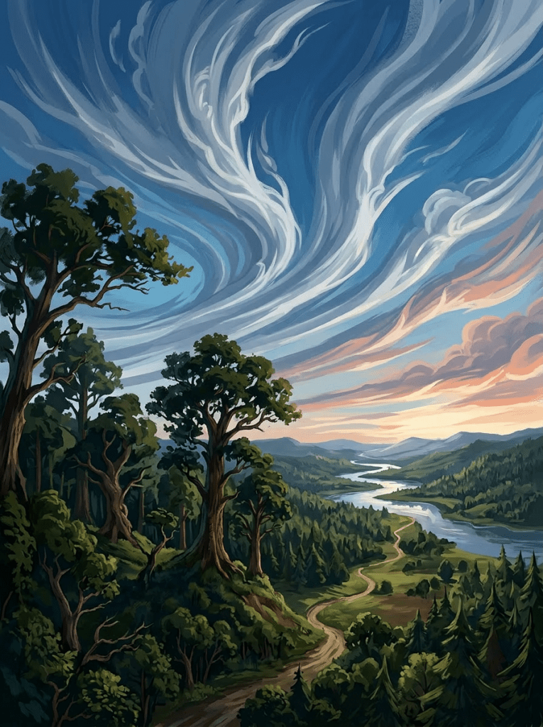 Winding river through green forested valley with a vibrant sunset sky and swirling clouds