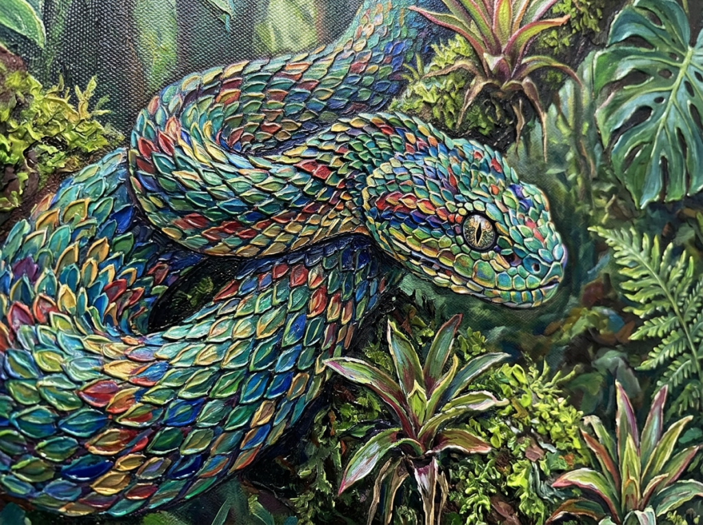 Coiled snake with multicolored scales resting on green jungle plants