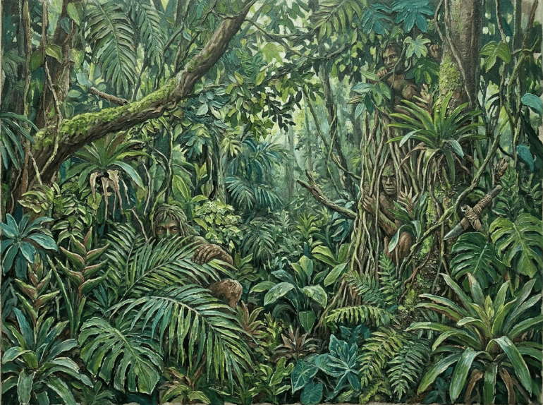 Various colorful tropical insects including beetles, caterpillars, a mantis, and a butterfly among green leaves