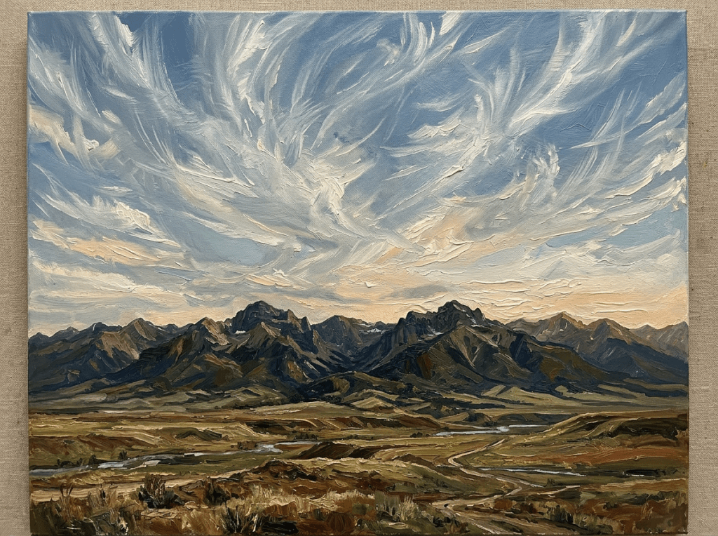 Mountain range under large, swirling clouds over a vast landscape