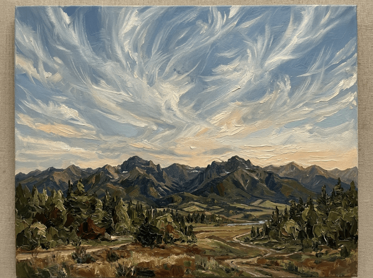 Mountain range under large, swirling clouds over a vast landscape