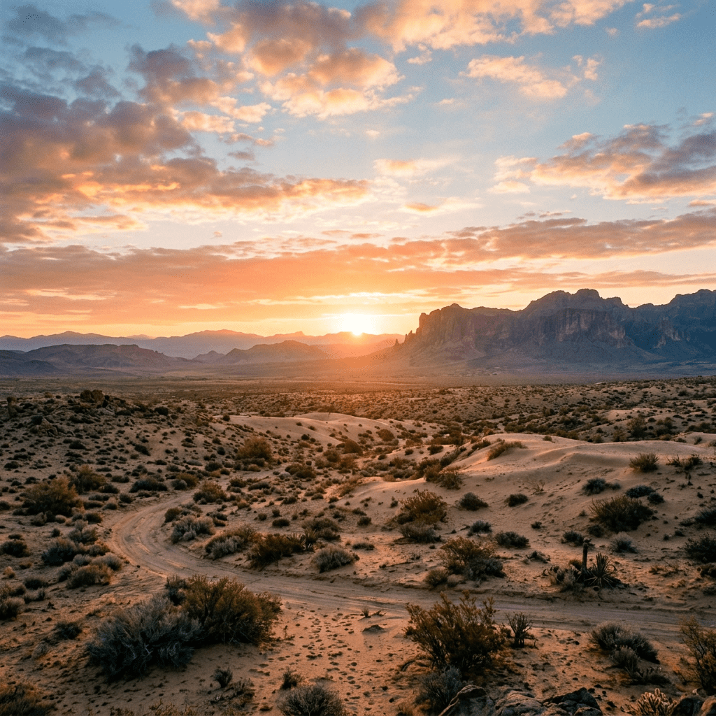 Desert terrain with sparse vegetation and a dirt road winding towards mountains at sunset