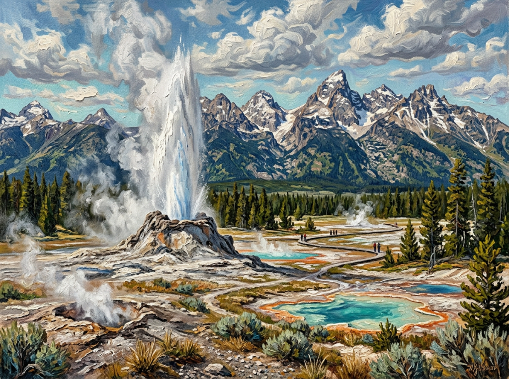 Geyser erupting steam and water surrounded by hot springs and pine trees with mountains in background