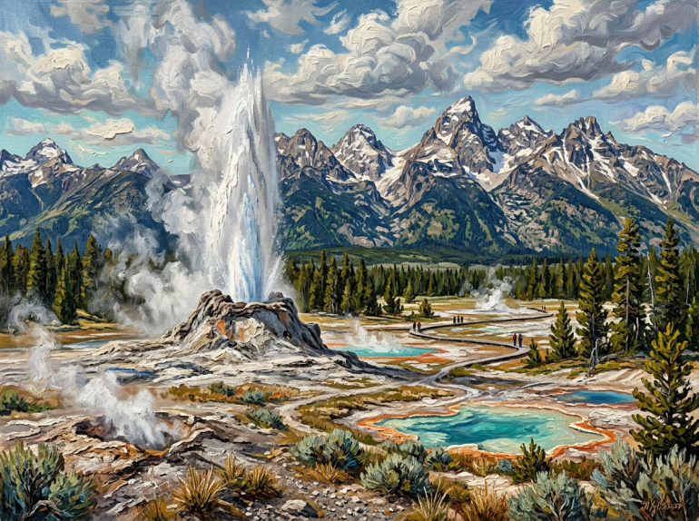 Geyser erupting steam and water surrounded by hot springs and pine trees with mountains in background