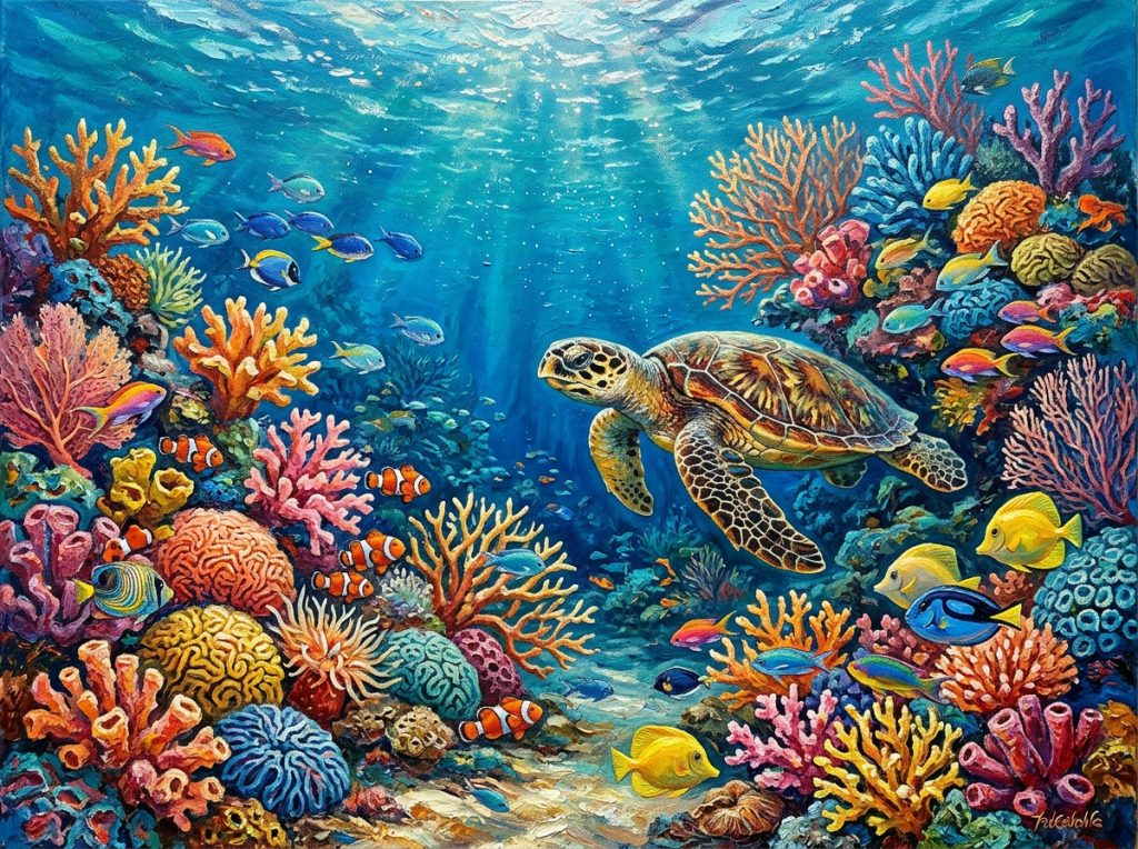 Sea turtle swimming in a vibrant coral reef with various colorful fish and corals