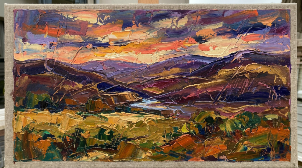 Textured painting of city skyline with colorful buildings and sunset sky