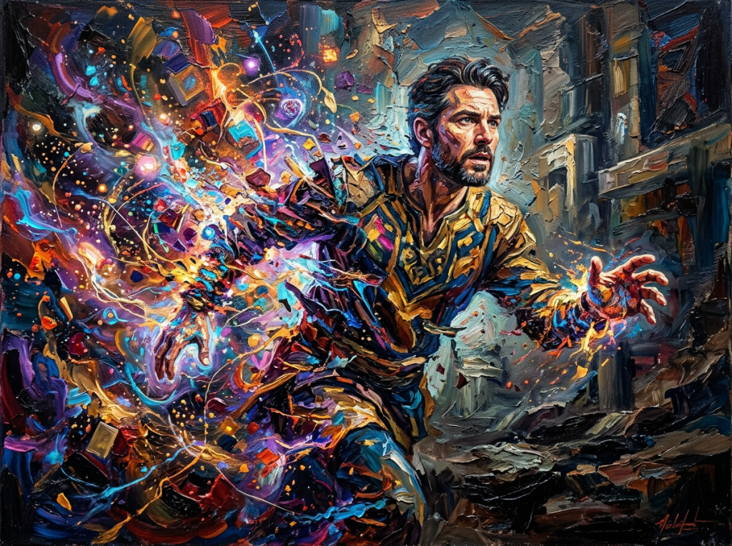 A man transforming into colorful mystical energy in a ruined setting