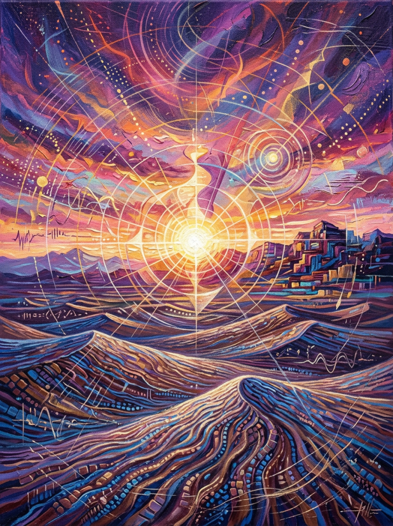 Abstract painting of a glowing sun setting over stylized waves and mountains with circular geometric patterns