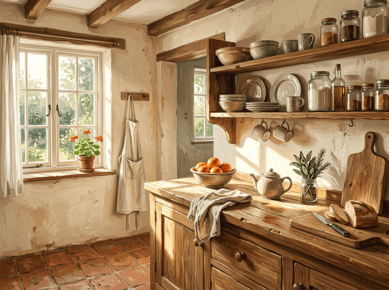 Farmer opening kitchen door at sunset, bread and steaming pot on wooden table